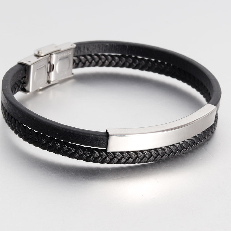 Bracelet en cuir double couche pour homme, en acier inoxydable, véritable cuir, fait à la main, avec boucle