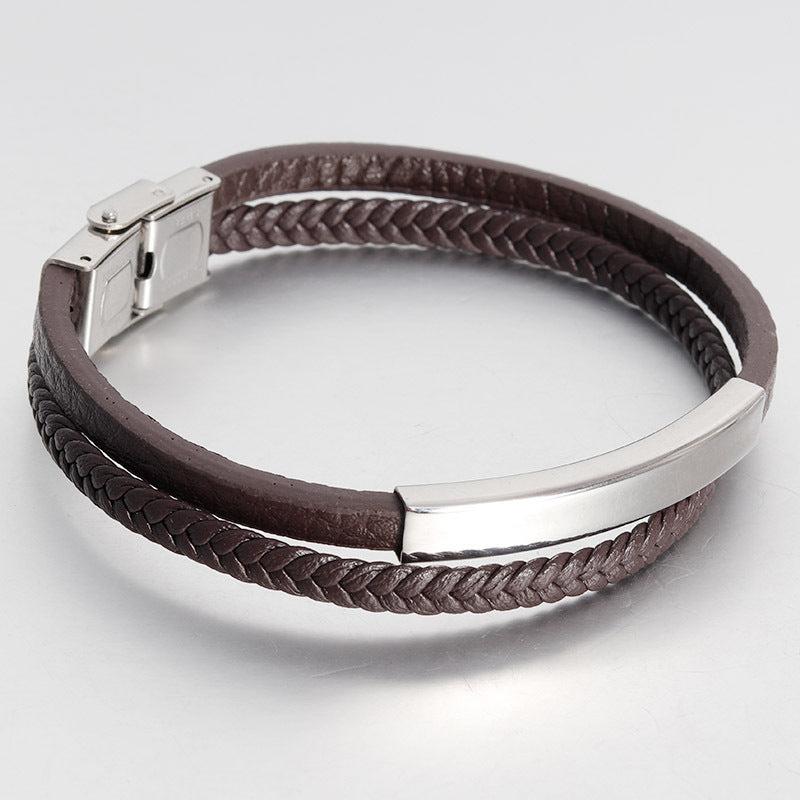 Bracelet en cuir double couche pour homme, en acier inoxydable, véritable cuir, fait à la main, avec boucle