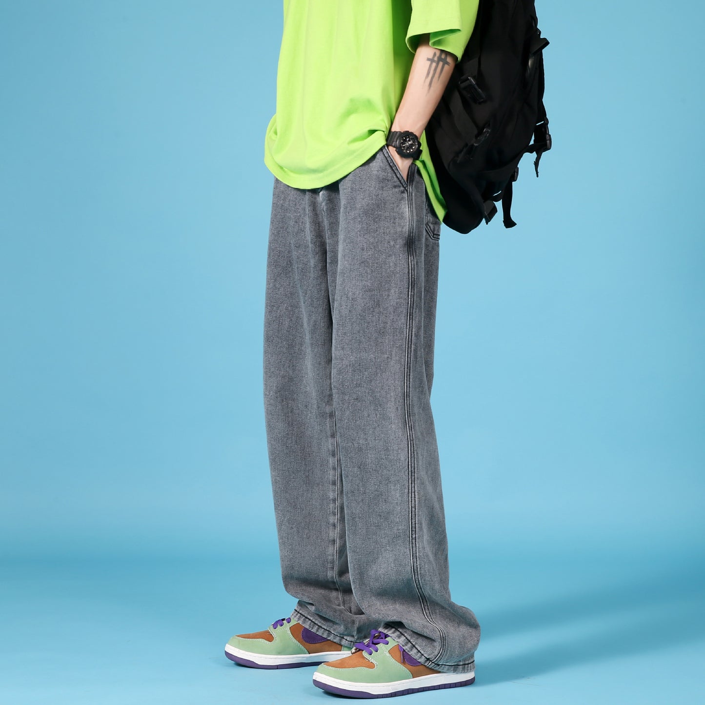 Jean droit ample pour homme, pantalon avec fermeture éclair